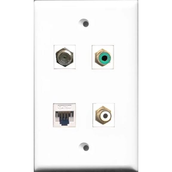 RiteAV 1 Port RCA White and 1 Port RCA Green and 1 Port Coax Cable TV- F-Type and 1 Port Cat5e Ethernet White Wall Plate