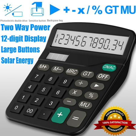 TSV Standard Function Desktop Handheld Calculator Large 12-digit Display Battery Required with Solar Panel as Secondary Power