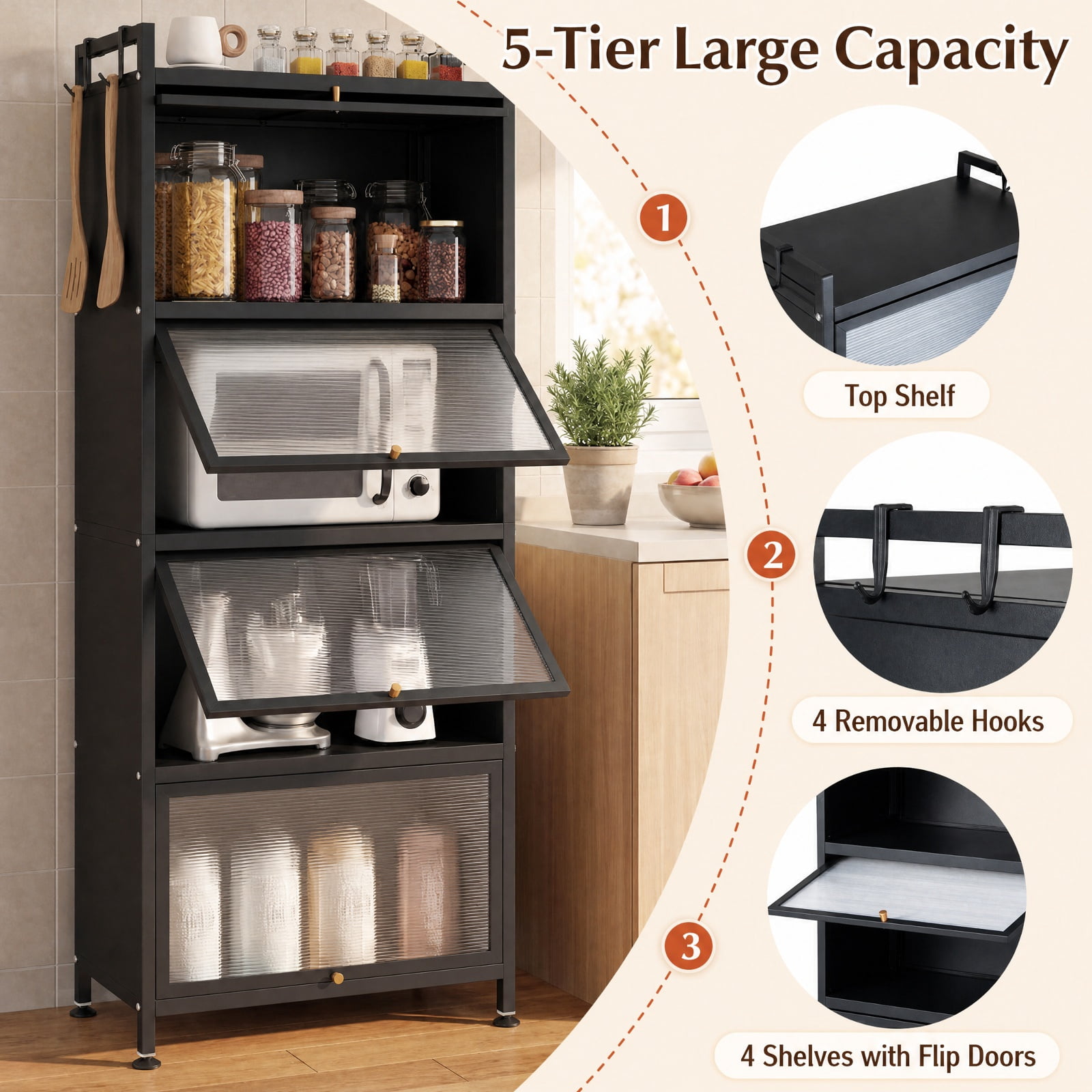 RUIE 5-Tier Metal Pantry Organizer Baker's Rack with Flip-up PC Doors, Rolling Kitchen Storage Cabinet with Universal Wheels and Golden Handles, Black