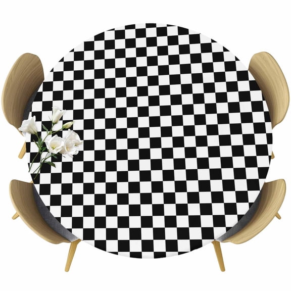 Round Table Cover 45-54 Inch Black White Plaid Waterproof Reusable Table Cloth Round Fitted Vinyl Tablecloth with Elastic Edged for Parties Outdoors, Modern Buffalo Check Gingham Art