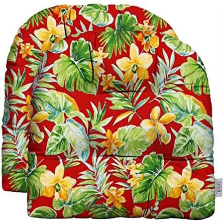 Indoor Outdoor Set of 2 U-Shape Wicker Tufted Seat Cushions  (Standard  Beachcrest Red Floral)