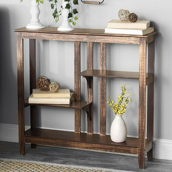 Brushed Metallic Console Table with Display Shelves 31.4"W x 29.8"H - Black/Gold