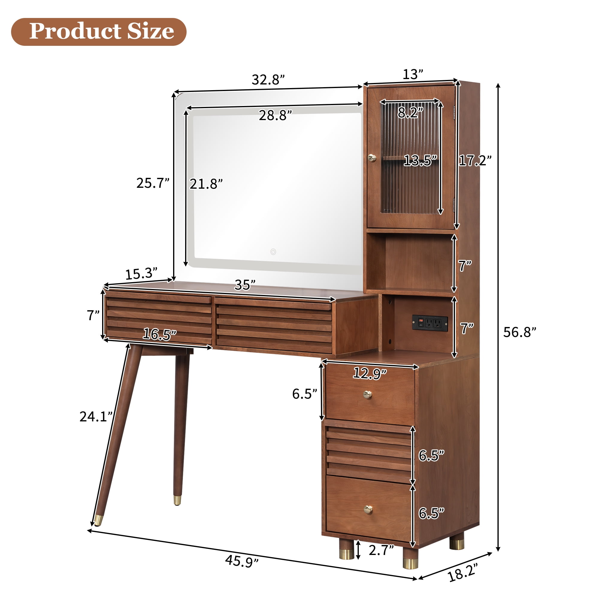 GARITIN Makeup Vanity Desk 45.9 Inch, Dressing Table with Mirror and LED Lights, 5 Drawers and Fluted Glass Storage Cabinet with Power Outlet, Espresso