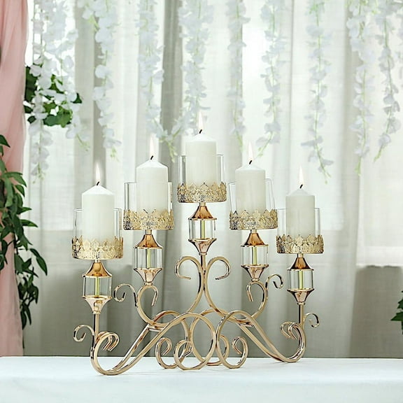 BalsaCircle 18" Gold Candelabra Hurricane Candle Holder Glass Wedding Centerpieces Party Decorations