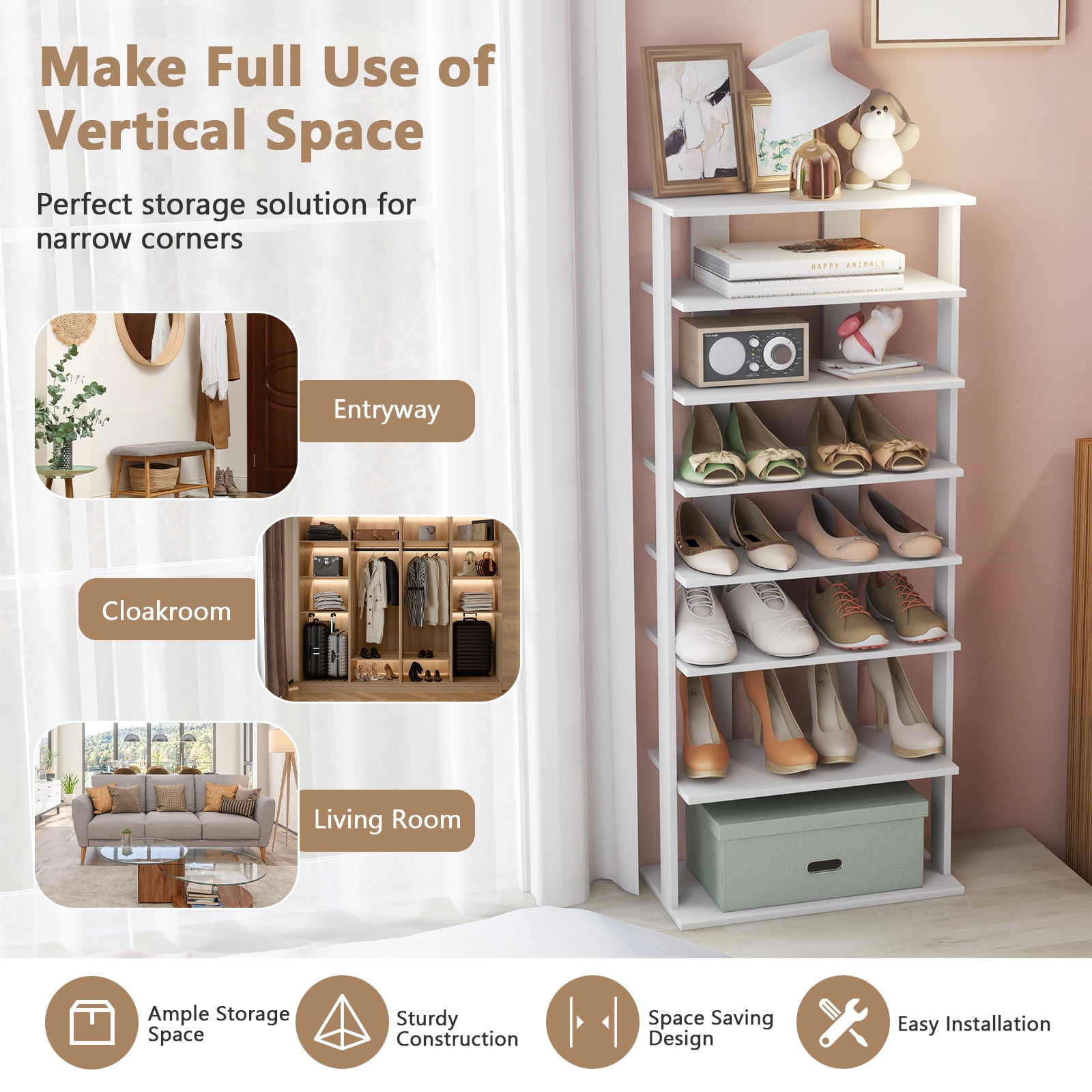 Patiojoy 7-Tier Double Rows Shoe Rack Vertical Wooden Shoe Storage Organizer patented White
