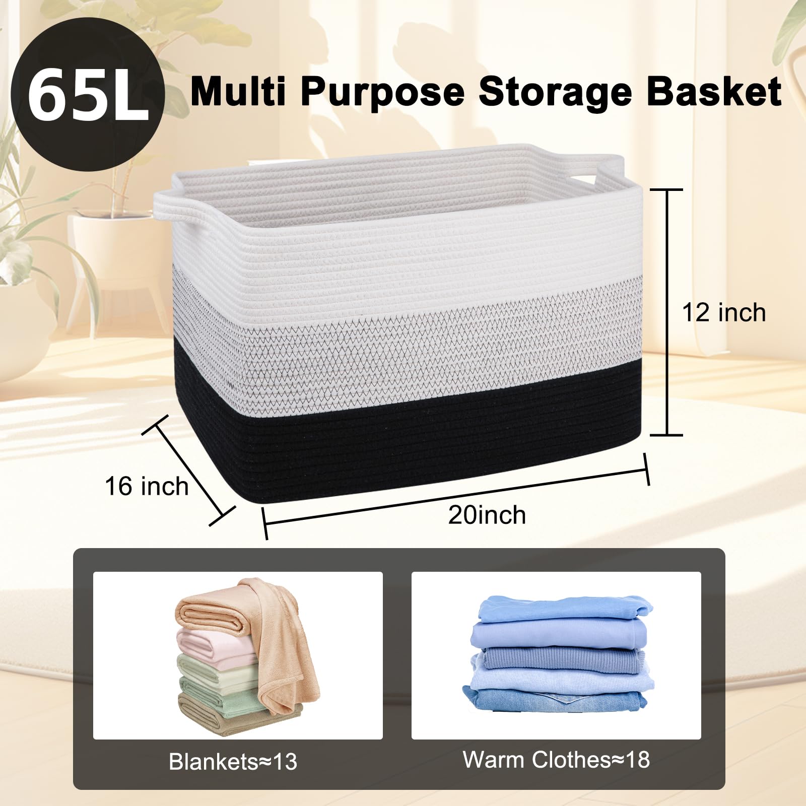 Extra Large Blanket Basket, 95L Woven Storage Basket, Cotton Rope Toy Bin for Baby Room, Container for Storage in Living Room, 24''×17''×14'', Black & White