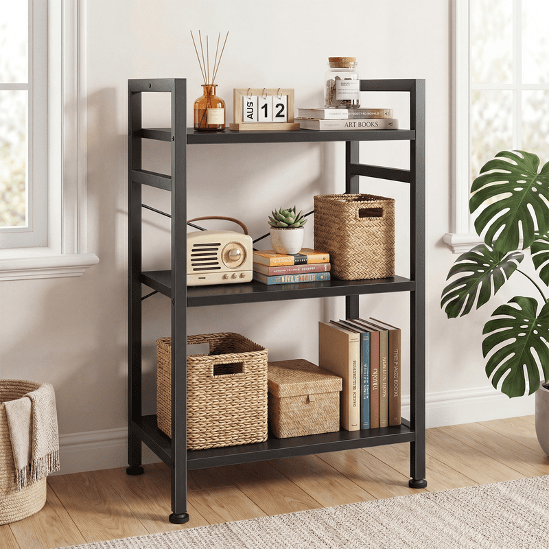 Gianna 3 Tier Bookshelf, Free Standing Shelf, Bookcase Shelf Storage Organizer, Industrial Book Shelves for Home Office, Living Room, Kitchen, Black