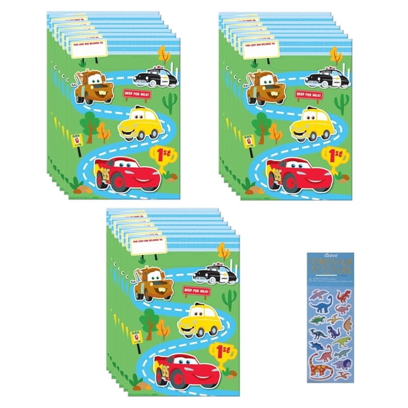 Disney Cars 1st Birthday Party Supplies Bundle includes 24 Plastic Loot Bags and 1 Dinosaur Sticker Sheet
