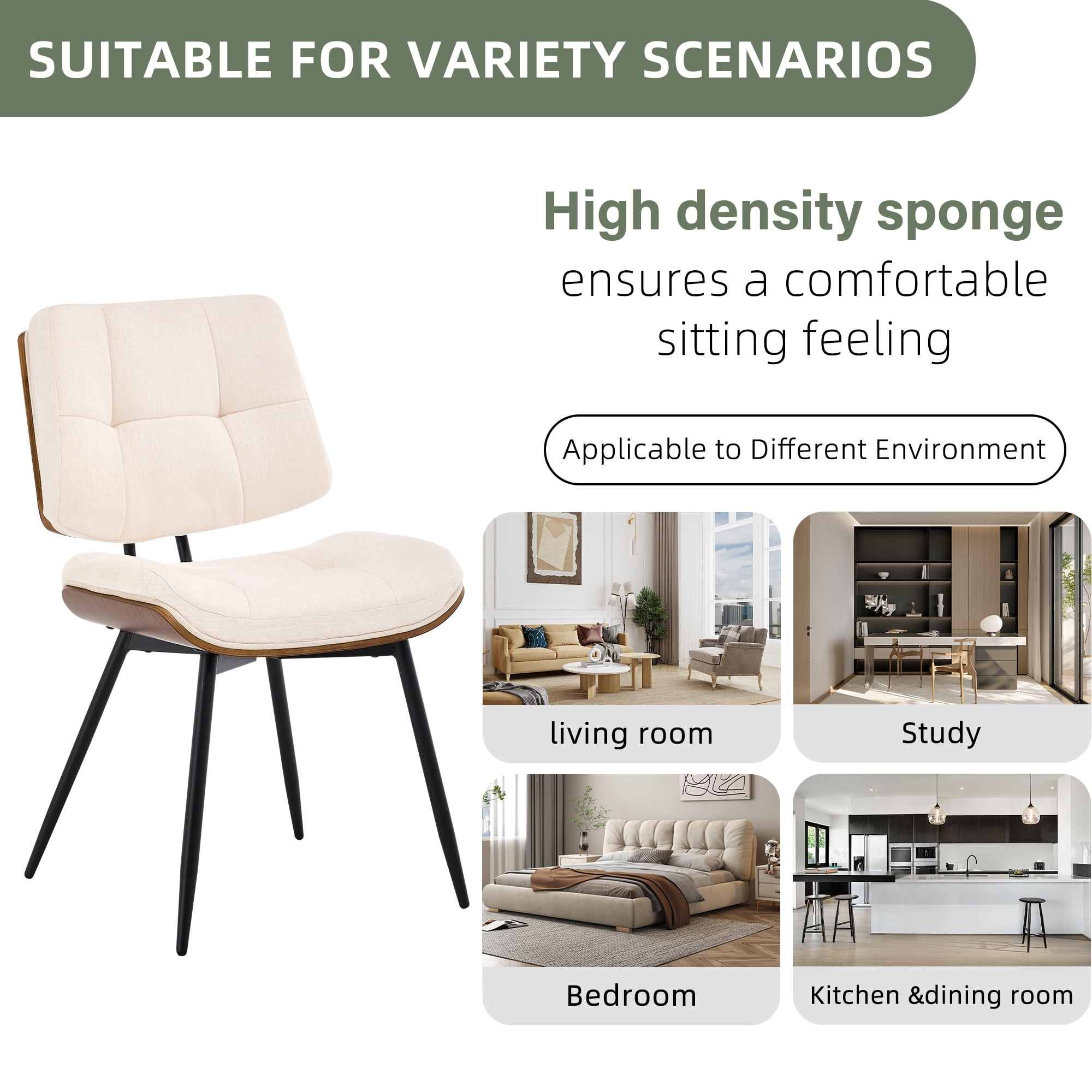 Dining Chairs Set of 4, Mid-Century Modern Kitchen & Dining Chairs, Fabric Upholstered Accent Chairs with Metal Legs, Walnut Style Armless Side Chairs for Guest Reception Waiting Room, Beige