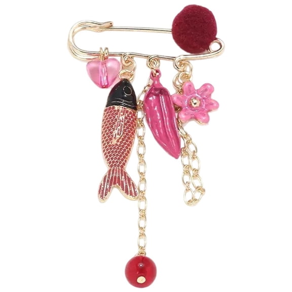 Hfppkn Vintage Fish Floral Dangle Chain Brooch Pin Alloy 8.2cm Lapel Pin for Coat