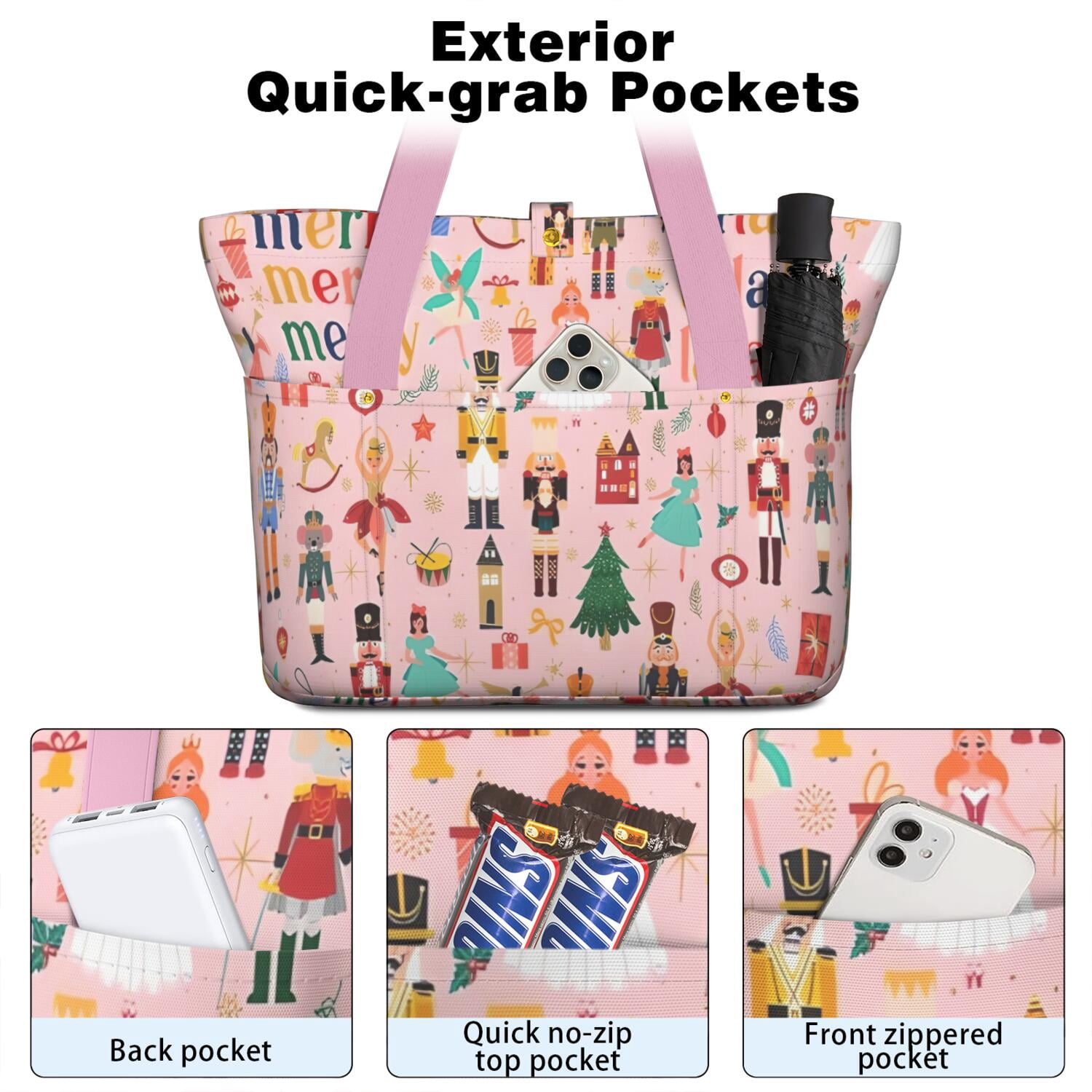 Tote Bag for Women - Pink Christmas Nutcracker Pattern Shoulder Bag - Large Utility Work Duffle Bag with Zipper Handbag for Travel, Work, Sprots