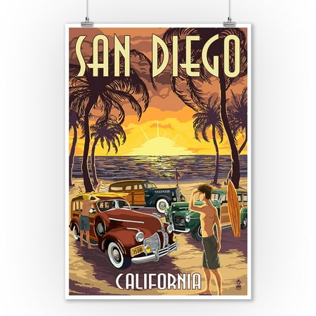 San Diego, California - Woodies on the Beach - Lantern Press Poster (9x12 Art Print, Wall Decor Travel (Travel Best San Diego)
