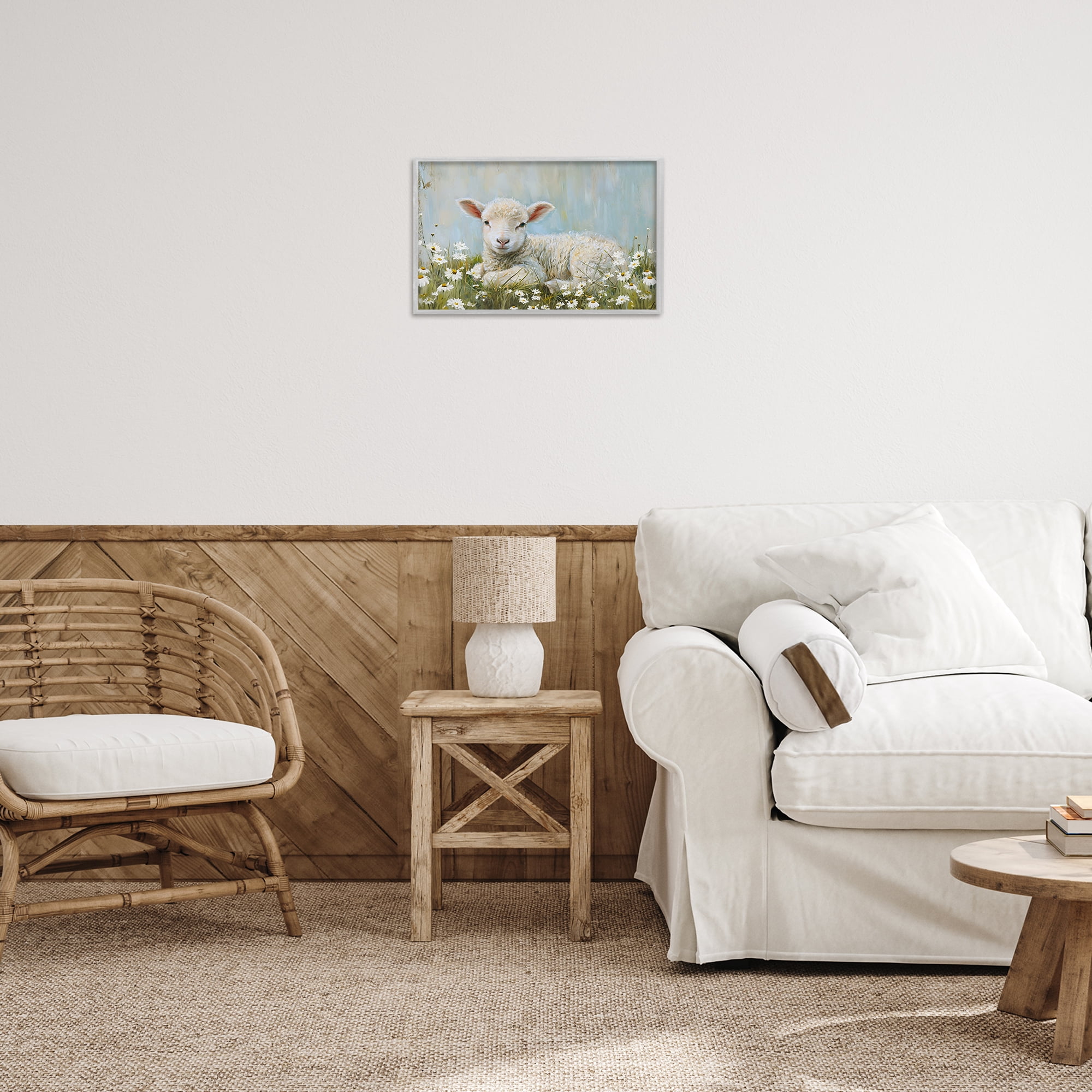 Stupell Industries Lamb Resting in Meadow Animals & Insects Painting Gray Framed Art Print Wall Art, 18 x 12