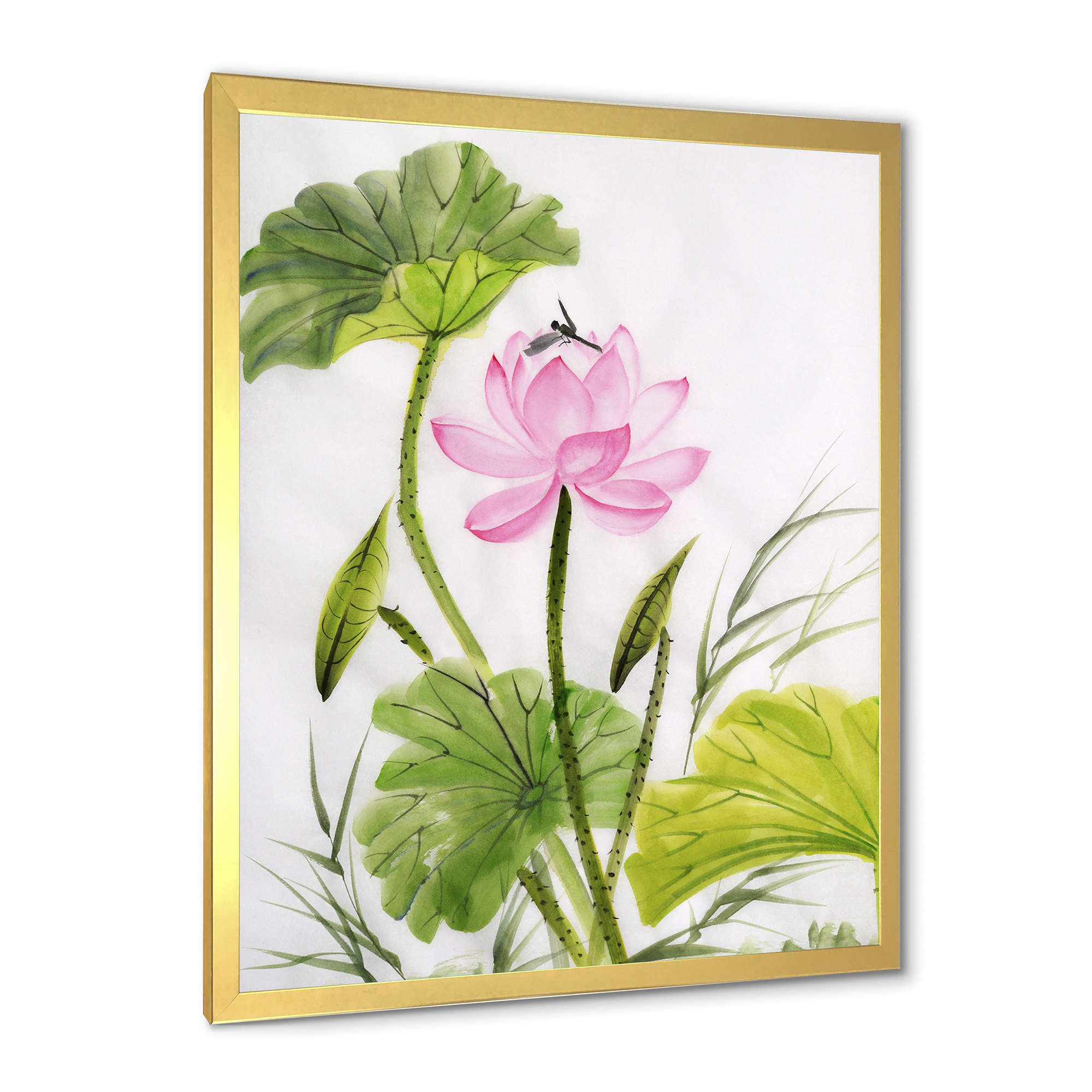 Designart 'Single Vintage Pink Lotus Flower With Green Leaves' Traditional Framed Art Print