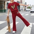 thumbnail image 2 of KVPLBQFD Girls Summer 2 Piece Outfit Heart Embellished Short Sleeve Top + Stretchy Flared Pants Set for Teens Girl Fashion Vacation Travel Clothes, 2 of 7