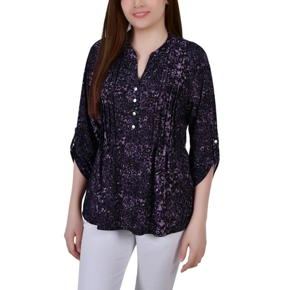 NY Collection Women's 3/4 Sleeve Roll Tab Y Neck Top