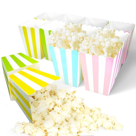 Novelty Place 12Pcs Mini Popcorn Boxes, Pastel Striped Cardboard Popcorn Container and Candy Favor Treat Boxes for Birthday, Movie Night Party - 4" Tall x 3" Square