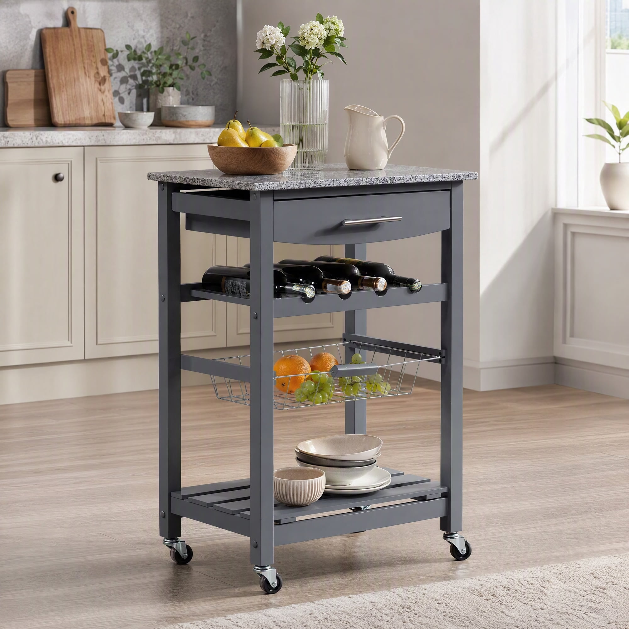 TopComfy Rolling Kitchen Island Cart with Marble Top Mobile Kitchen Trolley with Drawer & Wire Basket Storage Serving Cart on Wheels for Food Prep Dining Room Grey