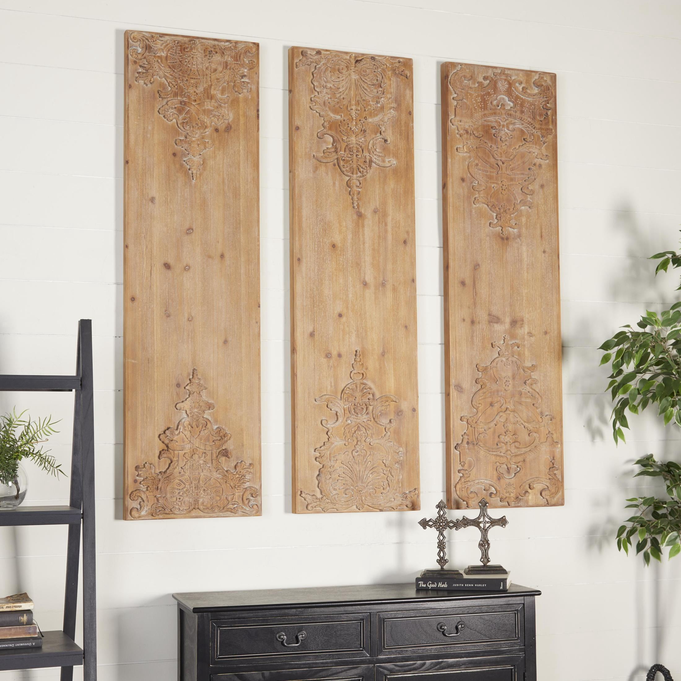 DecMode Brown Wood Carved Antefix Floral Wall Decor (3 Count)