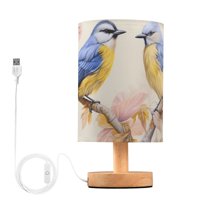 Birds on Flowers Branch Bedside Table Lamp LED Warm Lights with USB Charging Port Retro Cylinder Desk Lamps