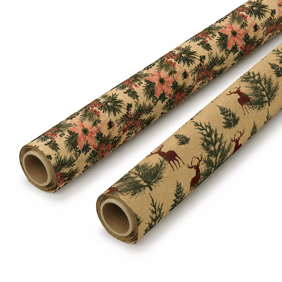 2 Pack Christmas Gift Wrapping Paper Rolls, Kraft Paper, Poinsettia Floral & Deer Pine Tree Printed Design