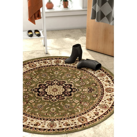 Noble Medallion Red Green Ivory Floral Oriental Formal Traditional 3'11" Round Rug