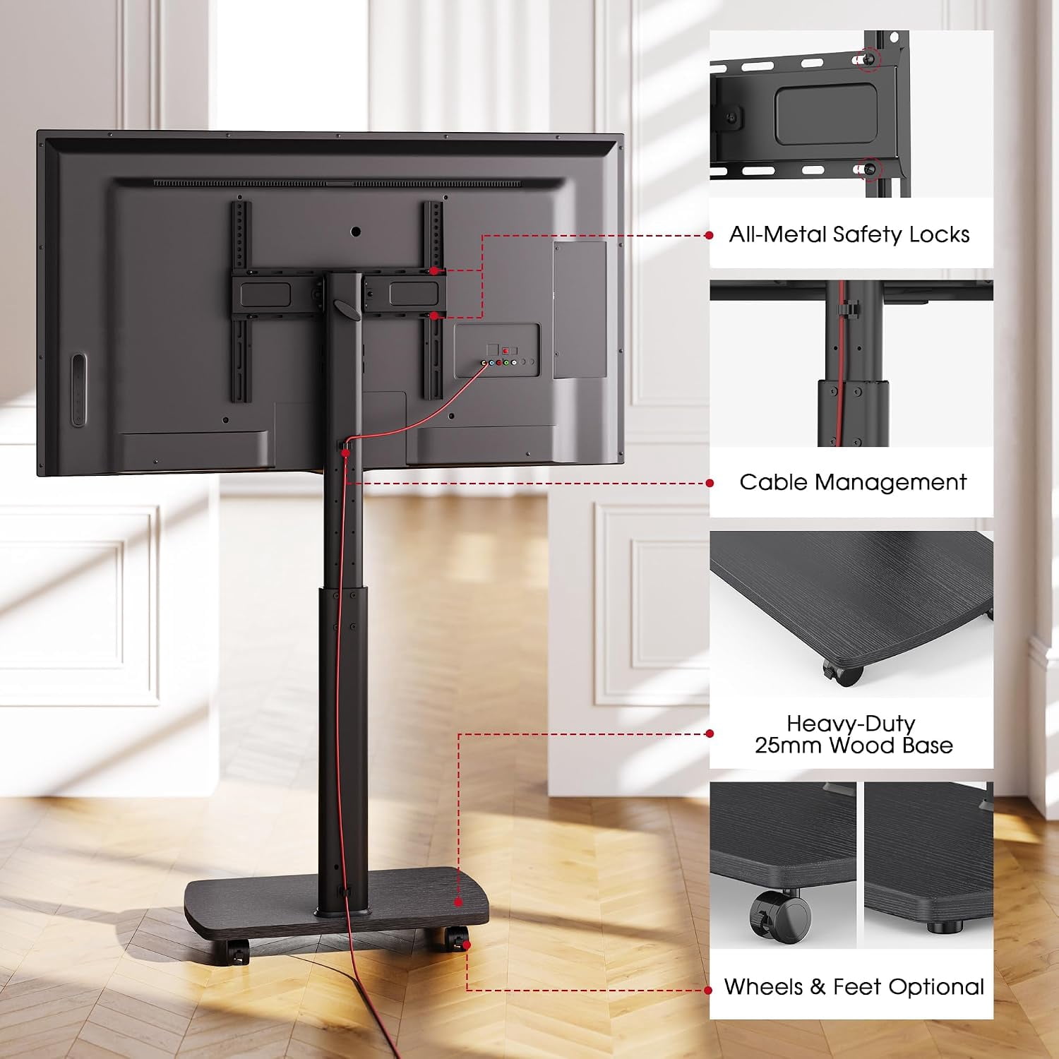 AOKCOS Rolling TV Stand for 32–65 Inch TVs, Black, Portrait/Landscape Rotation, Tilt