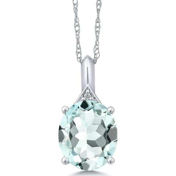 Gem Stone King 3.95 Ct Oval Sky Blue Simulated Aquamarine White Diamond 14K White Gold Pendant