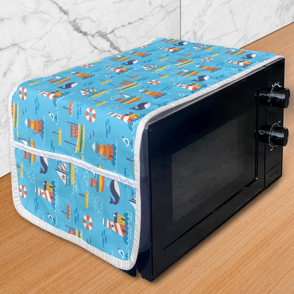 Sea Life Microwave Oven Cover, Boats and Lighthouse Whale Seagulls, Water Resistant Organizer with Pockets for Kitchen, 36" x 12", Sky Blue Multicolor, by Ambesonne