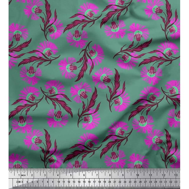 Soimoi Green polyester Crepe Fabric Knapweed Floral Print Fabric by the Yard 42 Inch Wide