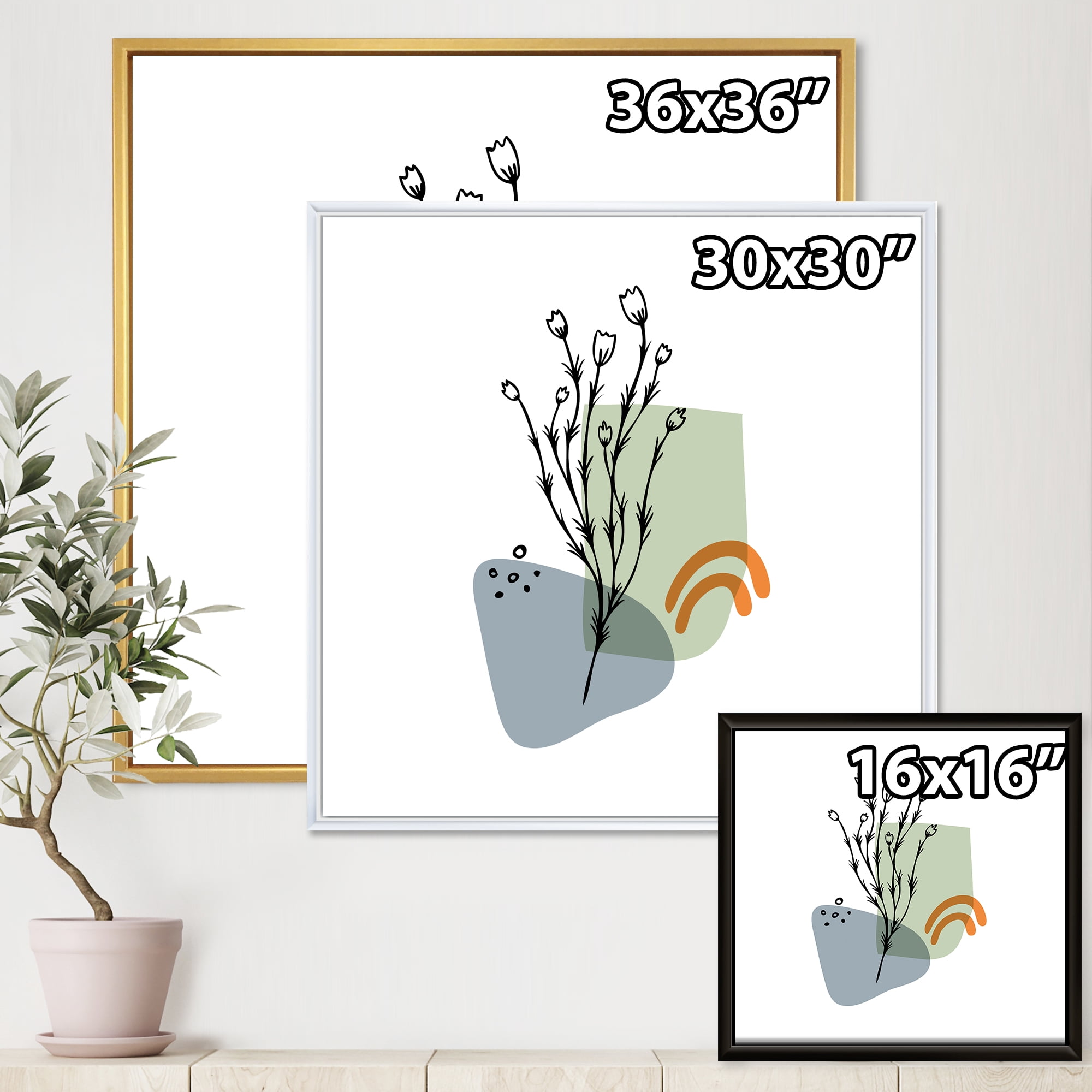 Designart 'Abstract Minimal Shapes Under Flowers II' Modern Framed Canvas Wall Art Print