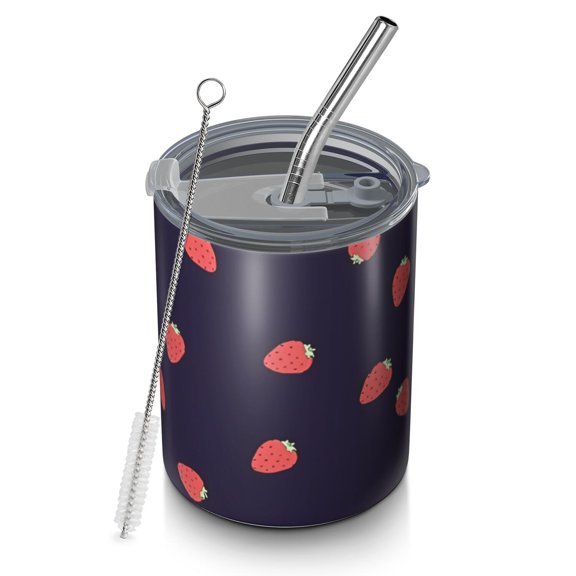 12oz Coffee Tumblers Red Strawberry Plants Dark Pattern Stainless Steel Vacuum Insulated Travel Tumbler Coffee Cups Mug with Lid and Straw with Cleaning Brush for Cold & Hot Drinks