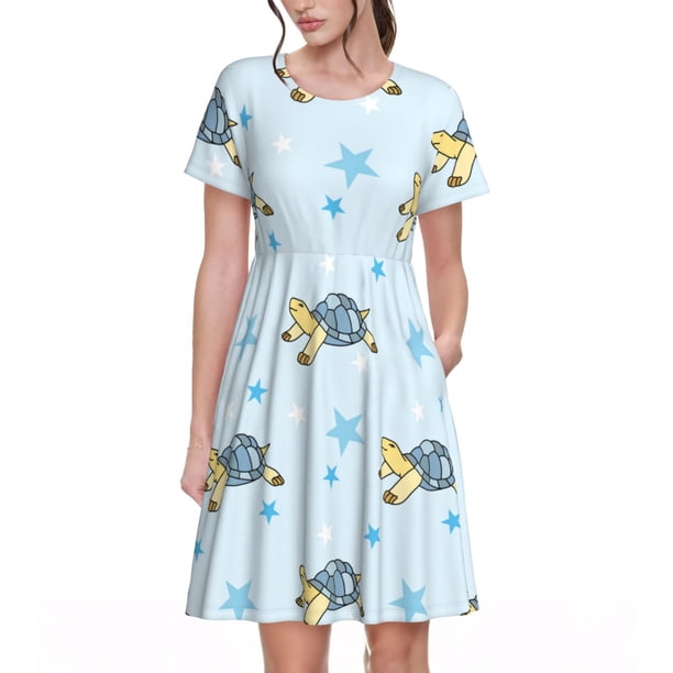 Balery Cartoon Turtle Vestidos sueltos de manga corta para mujer, vestidos de verano 2025, vestidos casuales de corte A con vuelo.