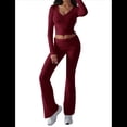 thumbnail image 3 of Conjunto Deportivo de 2 Piezas para Mujer, Camiseta de Larga, Pantalones Acampanados con Solapa, Chándal Informal, Color Vino Tinto, Talla M, 3 of 8