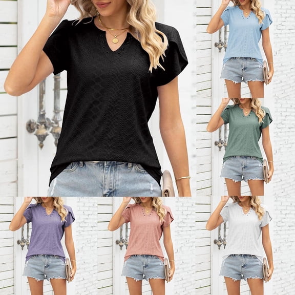 YHAJDS Tops Women Short Sleeve V Neck Button Down Cut Out Detail Casual Tee