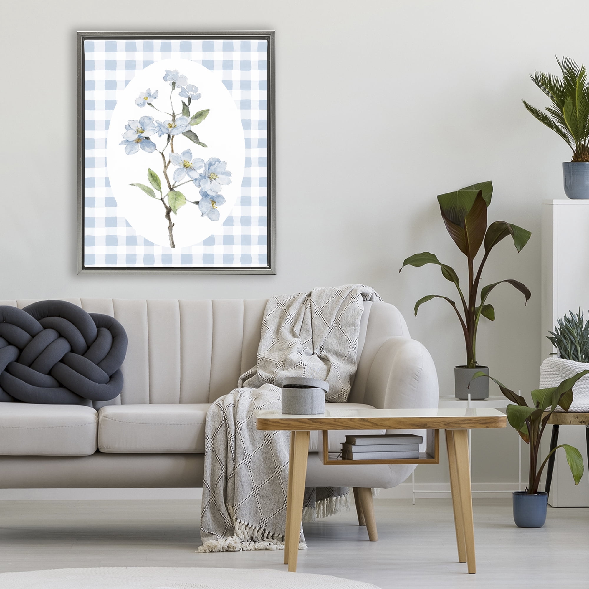 Stupell Industries Blooms on Blue Checkers Gray Framed Floater Canvas Wall Art, design by Lanie Loreth
