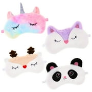 AOWOO 4 Pcs Kids Cute Sleep Eye Mask, Cartoon Animal Sleeping Blindfold Eye Mask, Soft Fluffy and Furry Eye Cover, Blackout Sleep Mask for Boys Girls Child Teen - Panda, Unicorn, Fox, Deer