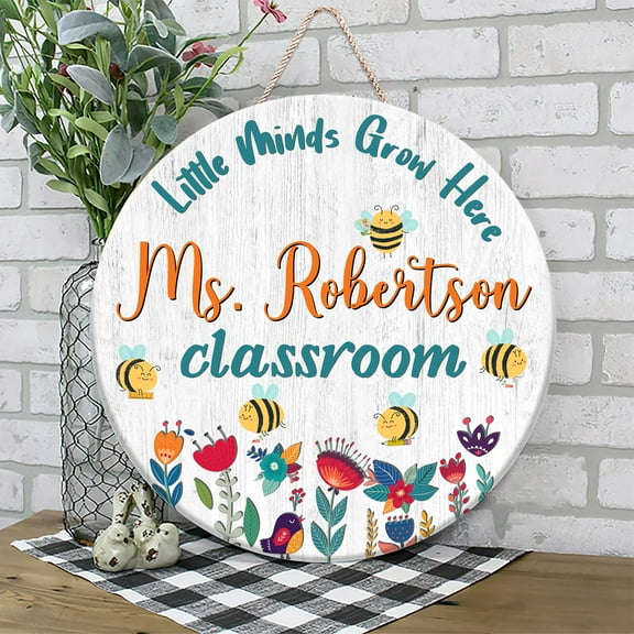 Flagwix Personalized Back To School Sign, Custom Round Wooden Teacher Name Sign, Classroom Decor, Unique Teacher Gifts, Cute Bees and Flowers Door Sign - 18 inches