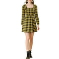 thumbnail image 3 of INSPIRE CHIC Women's Fall Square Neck Long Sleeves a-Line Plaids Dress M Black-Yellow, 3 of 8