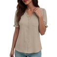 thumbnail image 2 of CAIVO Women Summer Short Sleeve Shirt Fashion Hollow Out Blouse With Pocket V-Neck Casual Leisure Solid Color Back To School Tops, 2 of 4