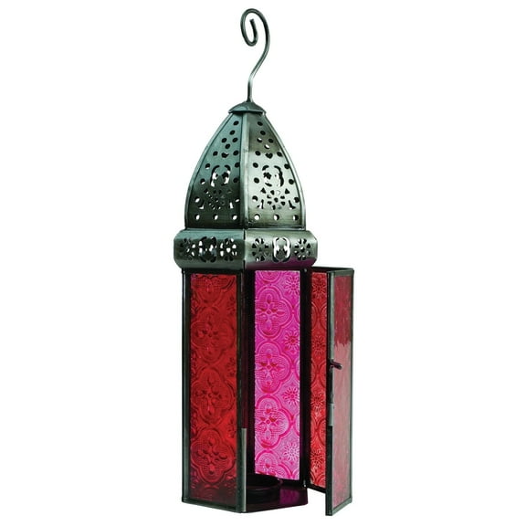 In the Breeze 9213 — Pink & Red Large Hex Tealight Lantern — Moroccan-Style Boho Chic Tealight Glass and Metal Tabletop Lantern