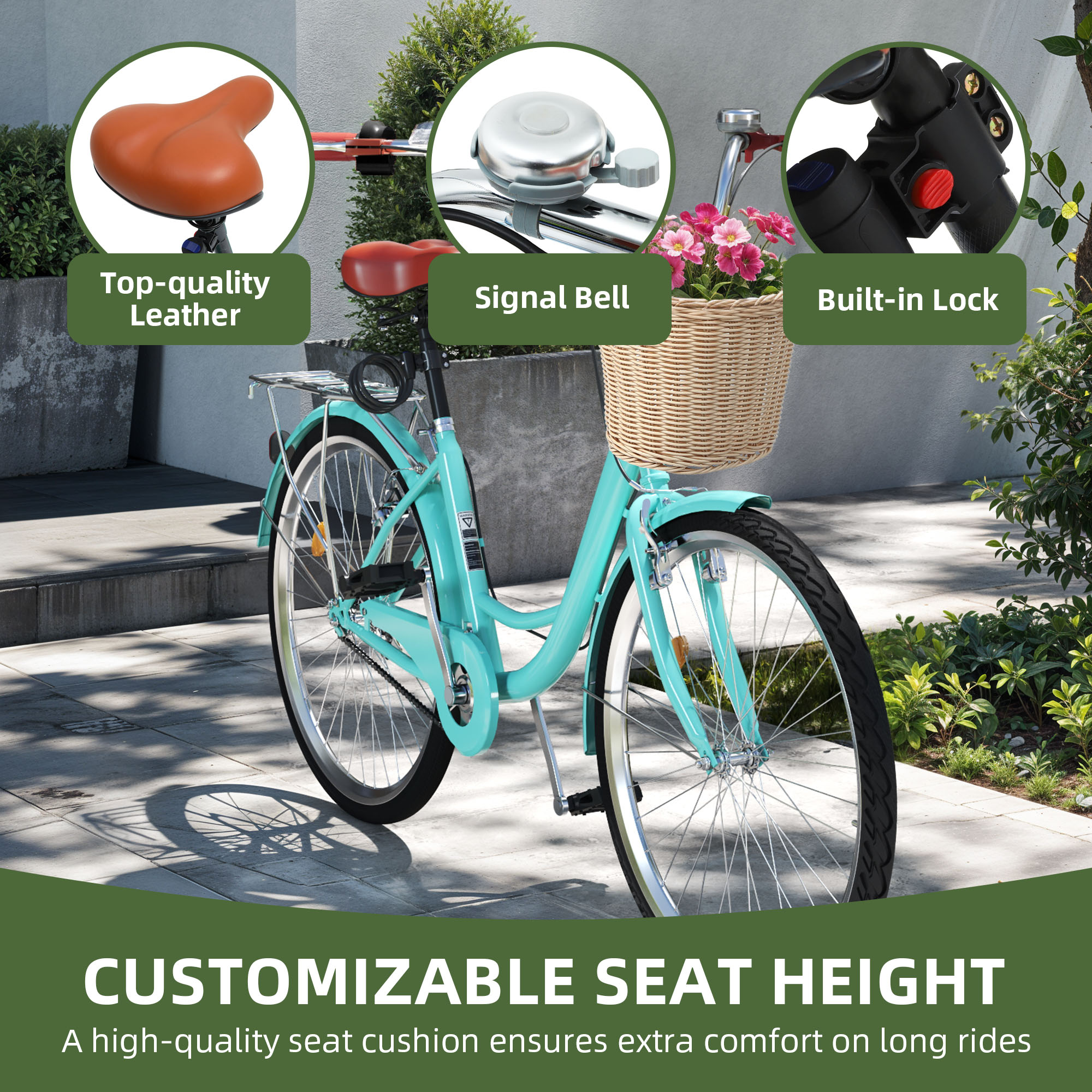Uforic 24" Beach Cruiser Bike for Women, 7-Speed Adjustable Seat Bike Bicycle for Adult City Commuter, Mint Green