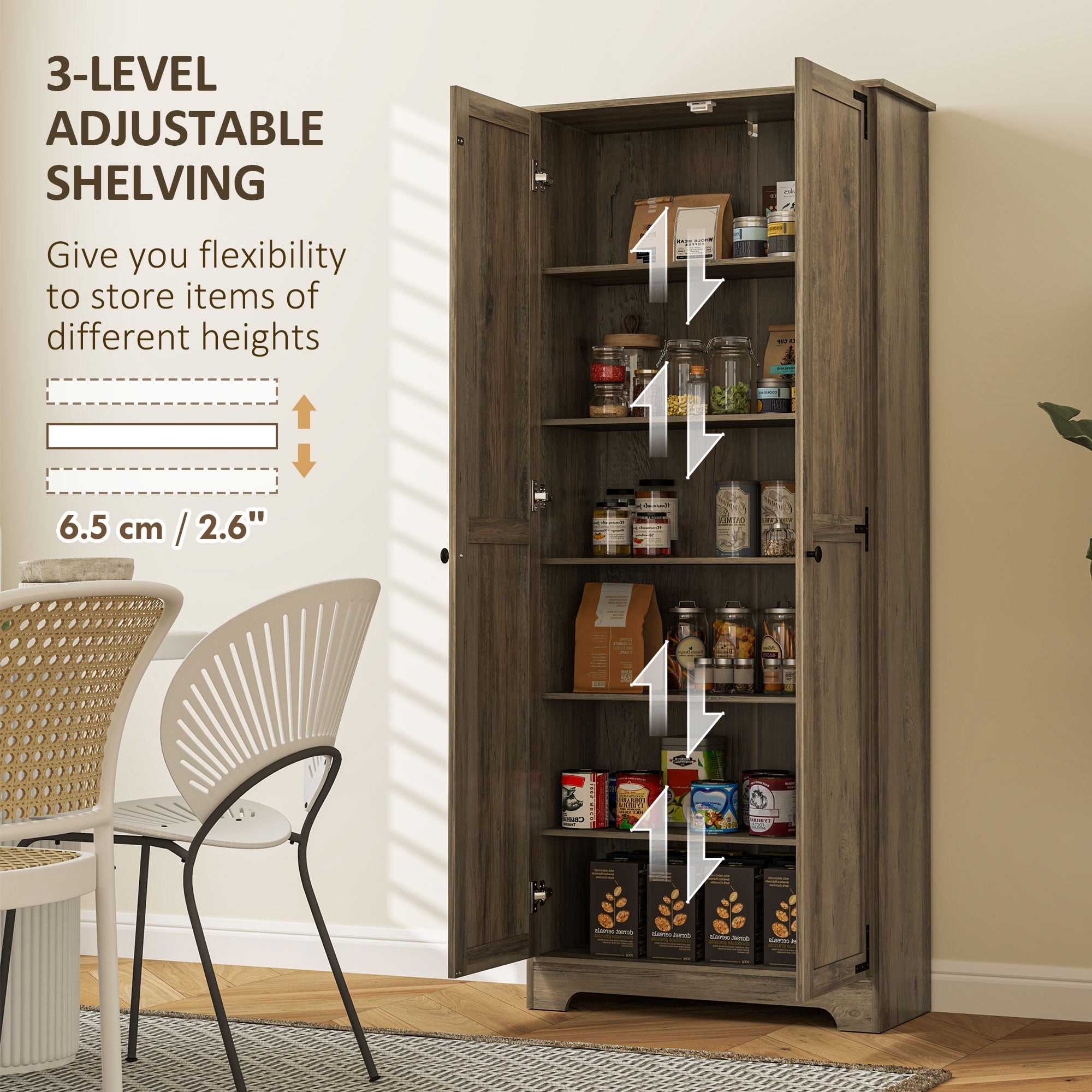 HOMCOM 72" Farmhouse Pantry Cabinet with Storage, Food Pantry Cabinet with Adjustable Shelves, Tall Storage Cabinet with 2 Doors, Distressed Gray