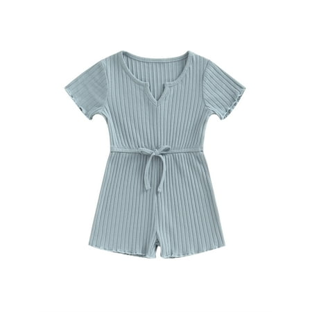 

Thaisu Baby Girls Ribbed Jumpsuit Lettuce Trim Solid Color Short Sleeve Romper Shorts for Toddler Summer Clothes