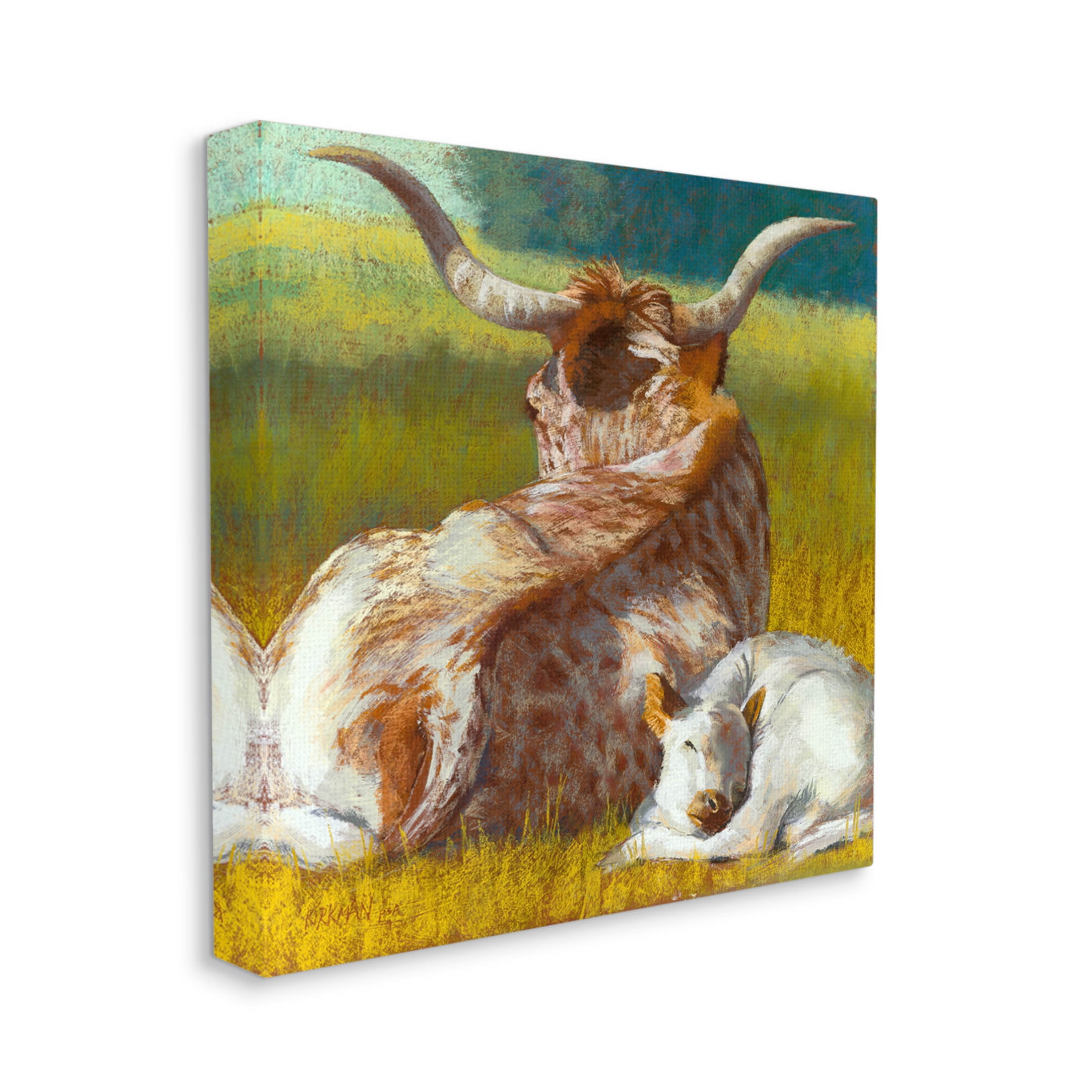 Longhorn Cattle Calf Resting Animals & Insects Painting Gallery Wrapped Canvas Print Wall Art