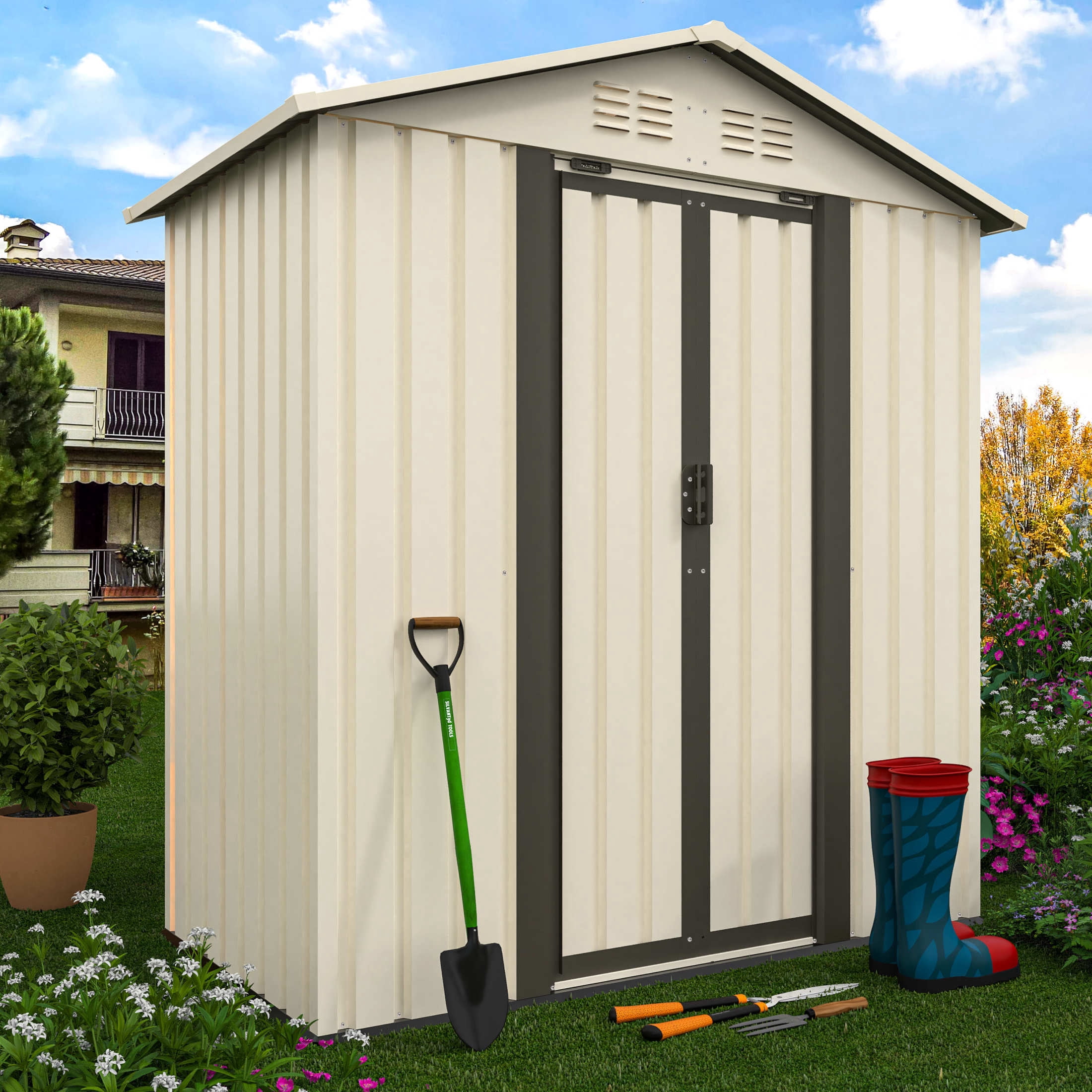 Noble House 5x3 FT Metal Garden Storage Shed, Apex Roof Outdoor Tool & Bike Shelter with Sliding Doors, Cream White