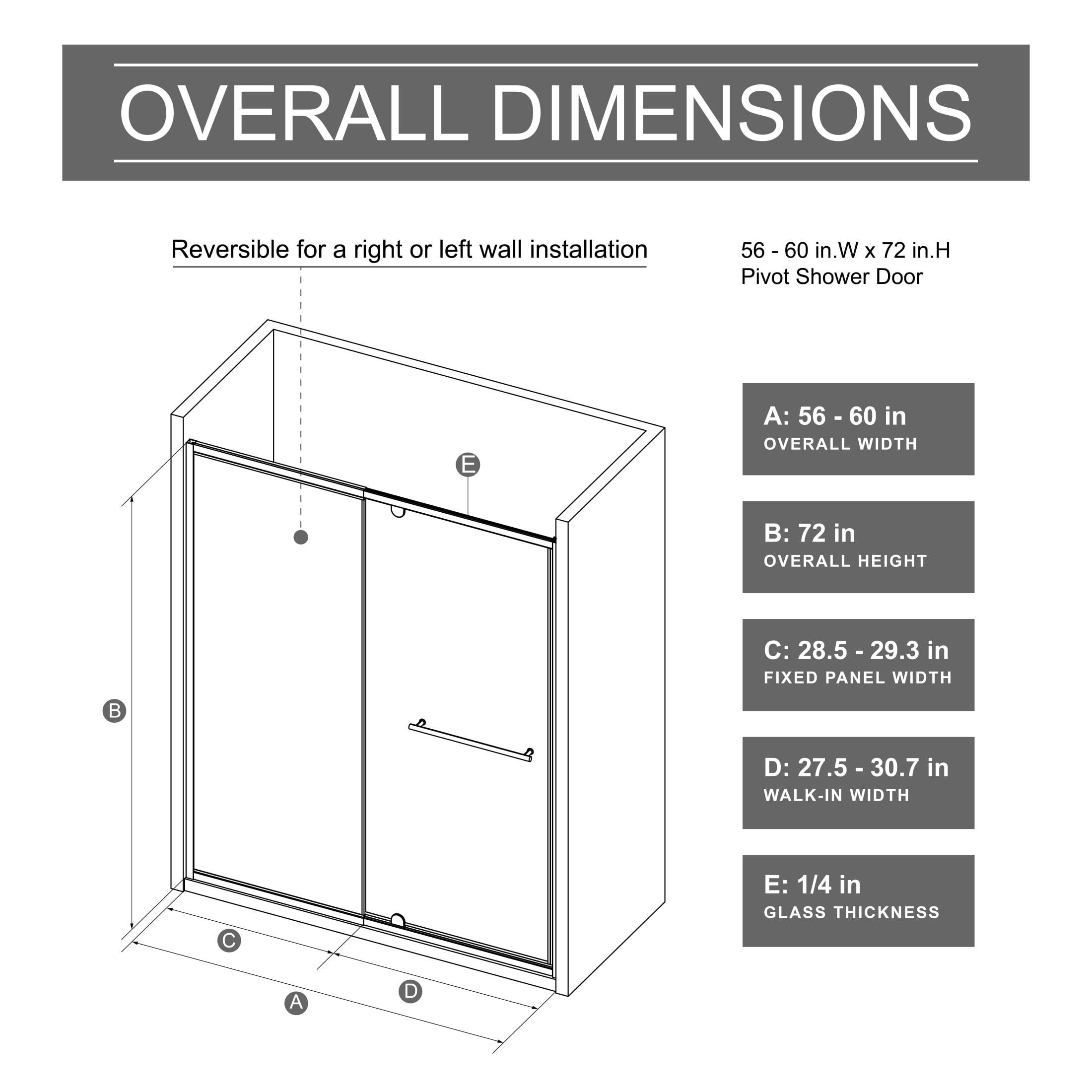 Noble House 60" x 72" Pivot Shower Door, Thick Clear Tempered Glass Swing Door with Stainless Steel Handle, Matt Black