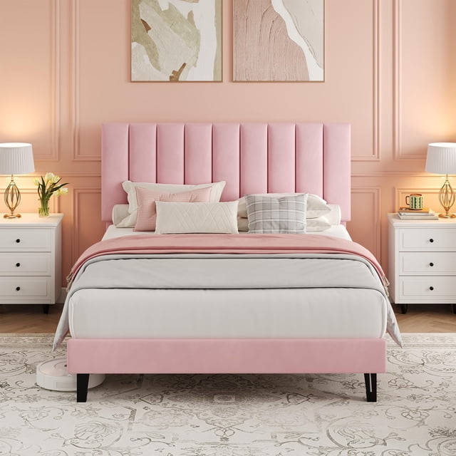 Yeshouse Estructura de cama matrimonial, cama plataforma tapizada en terciopelo con cabecero capitoné ajustable, no requiere somier, fácil montaje, rosa