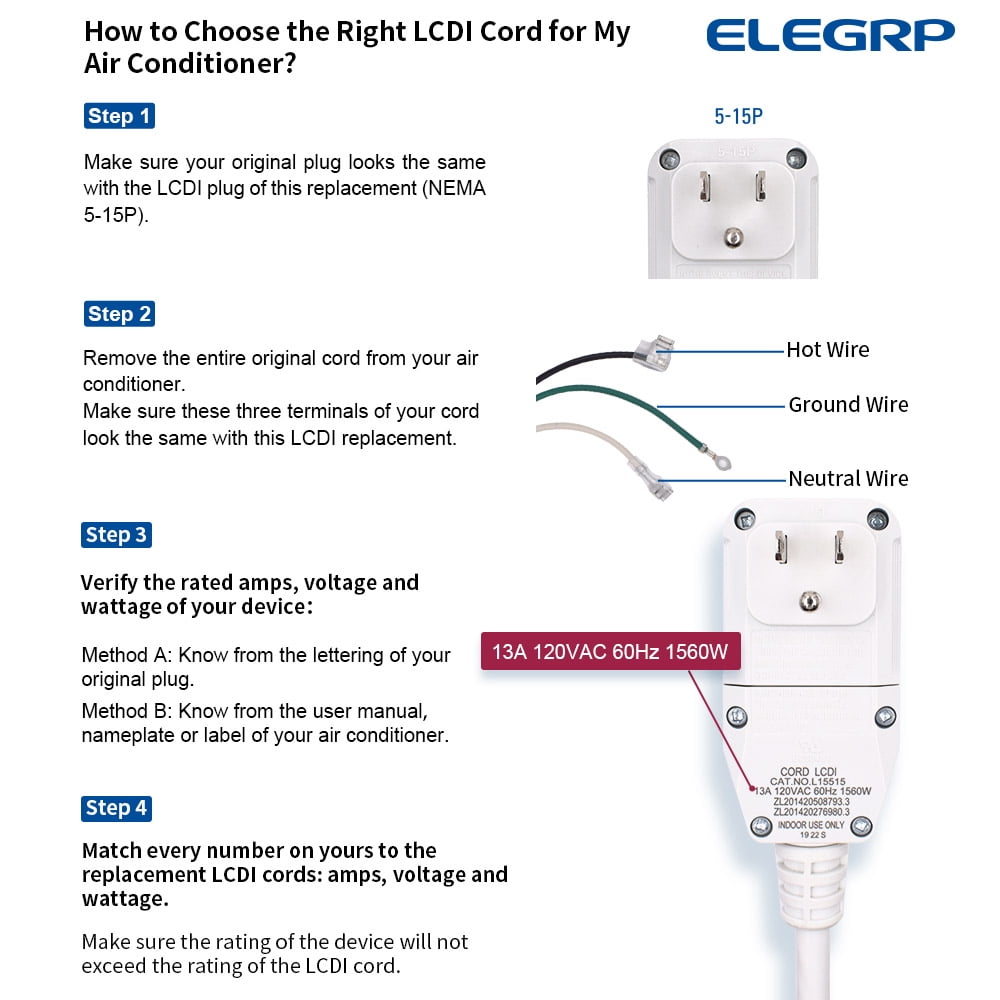 ELEGRP L22515 16AWG LCDI Power Cord Plug for A/C Air Conditioner, E250451 UL Certified, 7.5FT Leakage Current Detection Interrupter Replacement, 120V 13A 1560W 60Hz NEMA 5-15P, 1 Pack