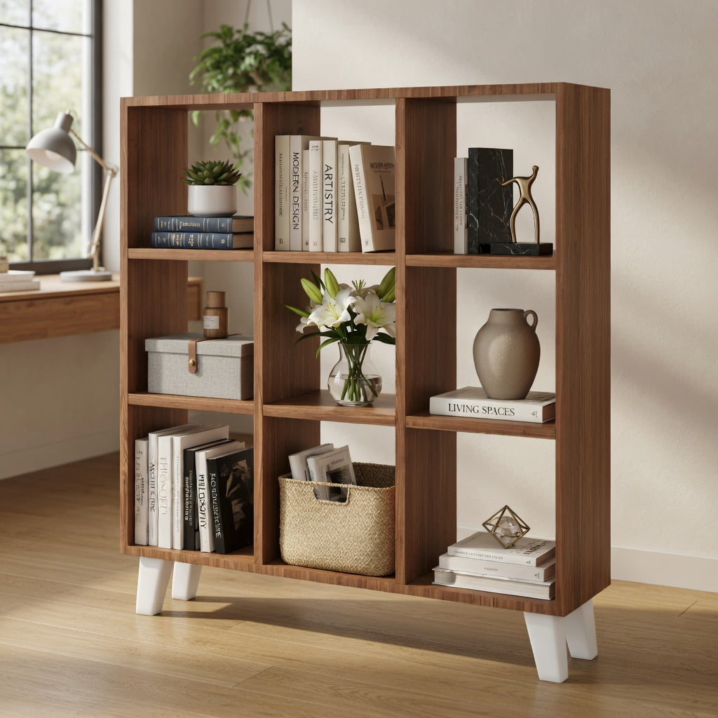 Barara King Book Shelf, Bookshelves,9-Cube Bookcase with 6 Removable Shelves and Raised Support Feet-Brown